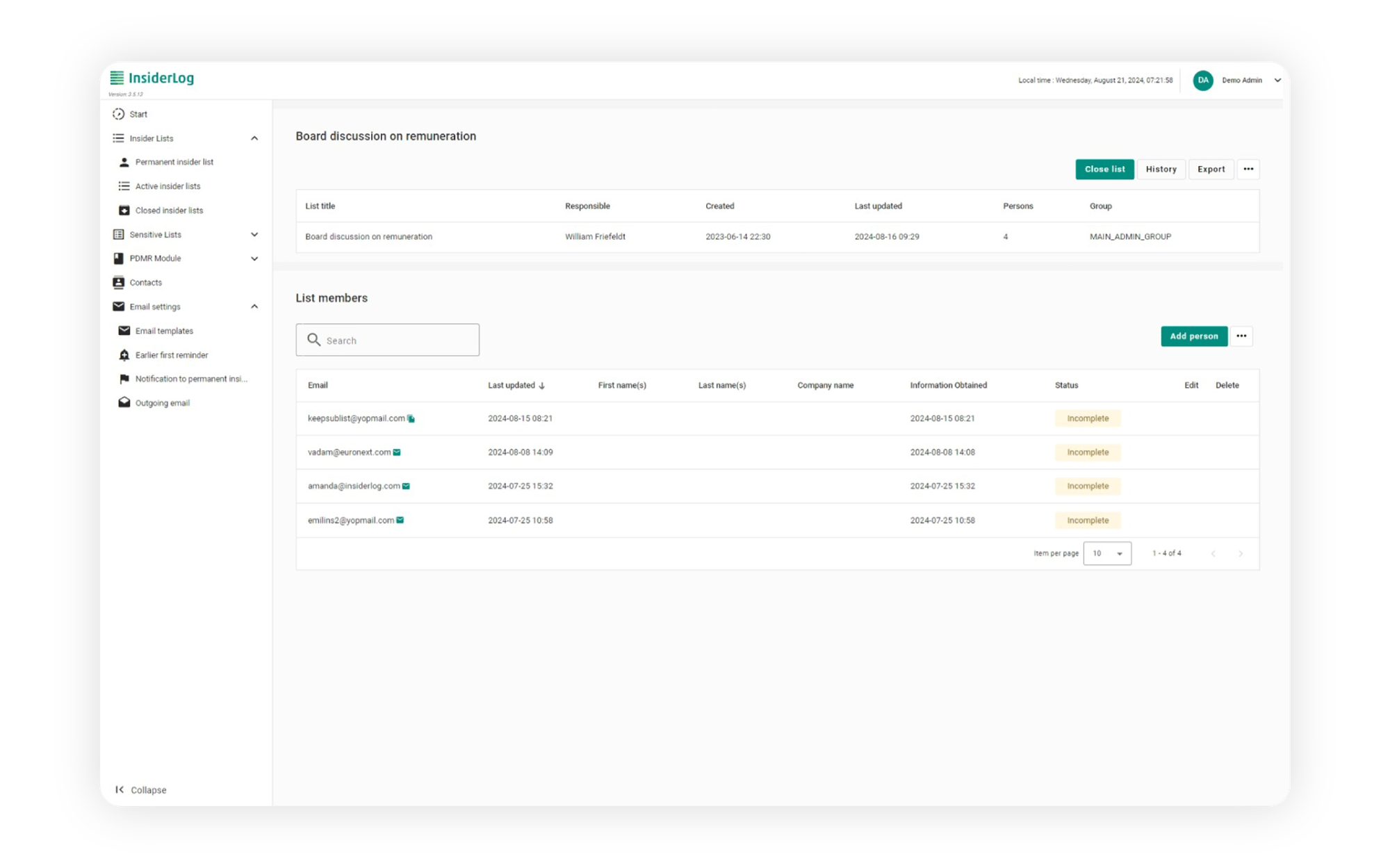 Instantly record updates within insider lists