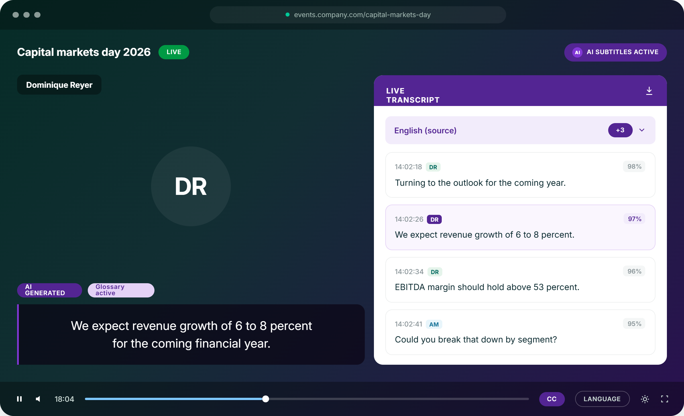 EngageStream webcast player showing AI-generated live subtitles and a live transcript panel