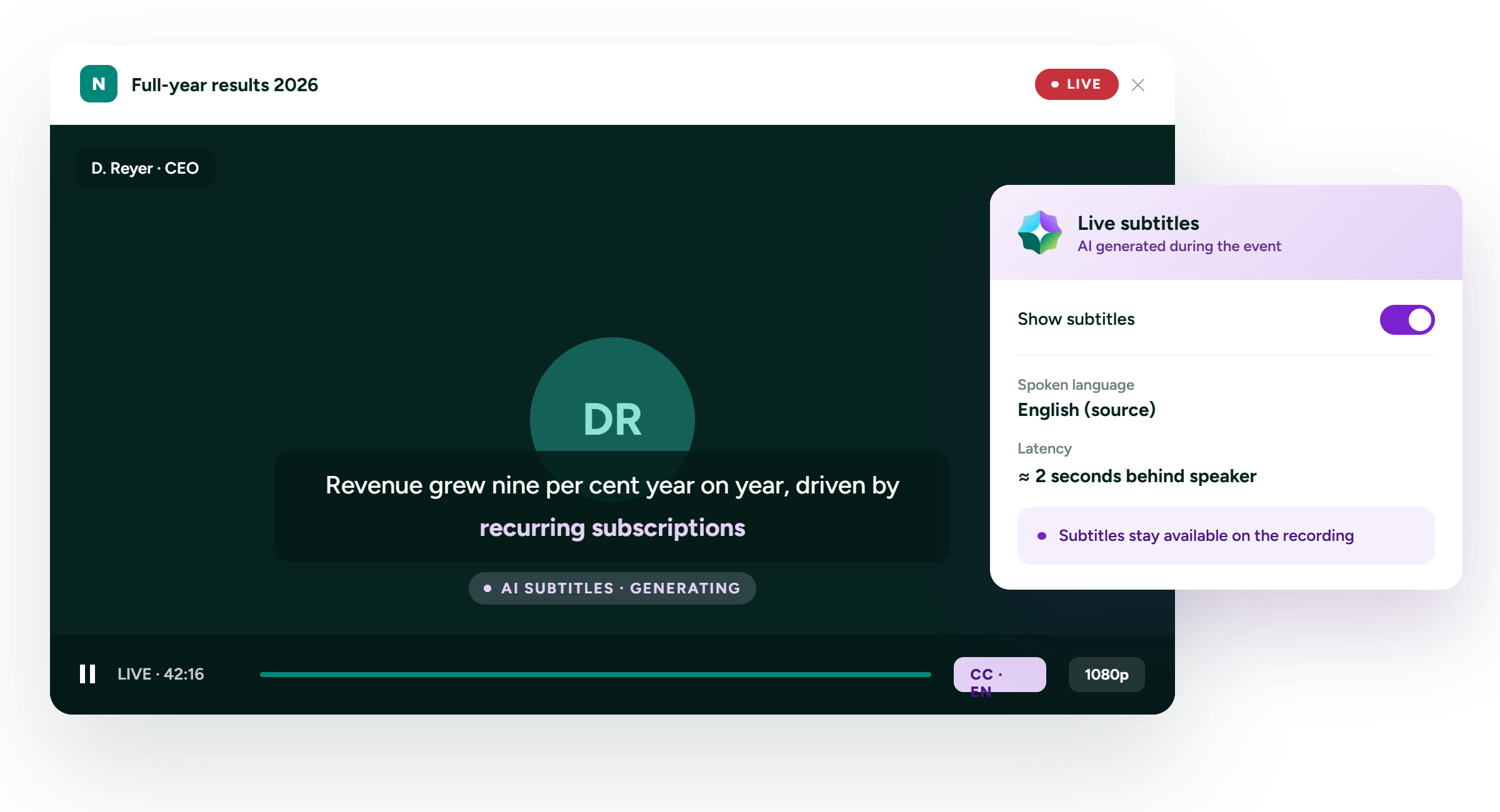 EngageStream webcast player showing AI-generated live subtitles and a live transcript panel
